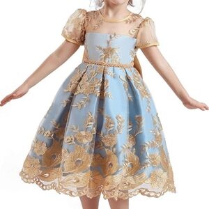 Charming Kids Formal Dress in Gold and Blue. Wedding , Birthday